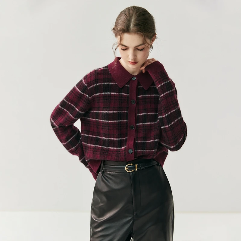 

Women's 100% Cashmere Knitted Cardigan Thick POLO Collar Checkered Shirt Simple Style Cashmere Sweater Autumn Winter Knitwear