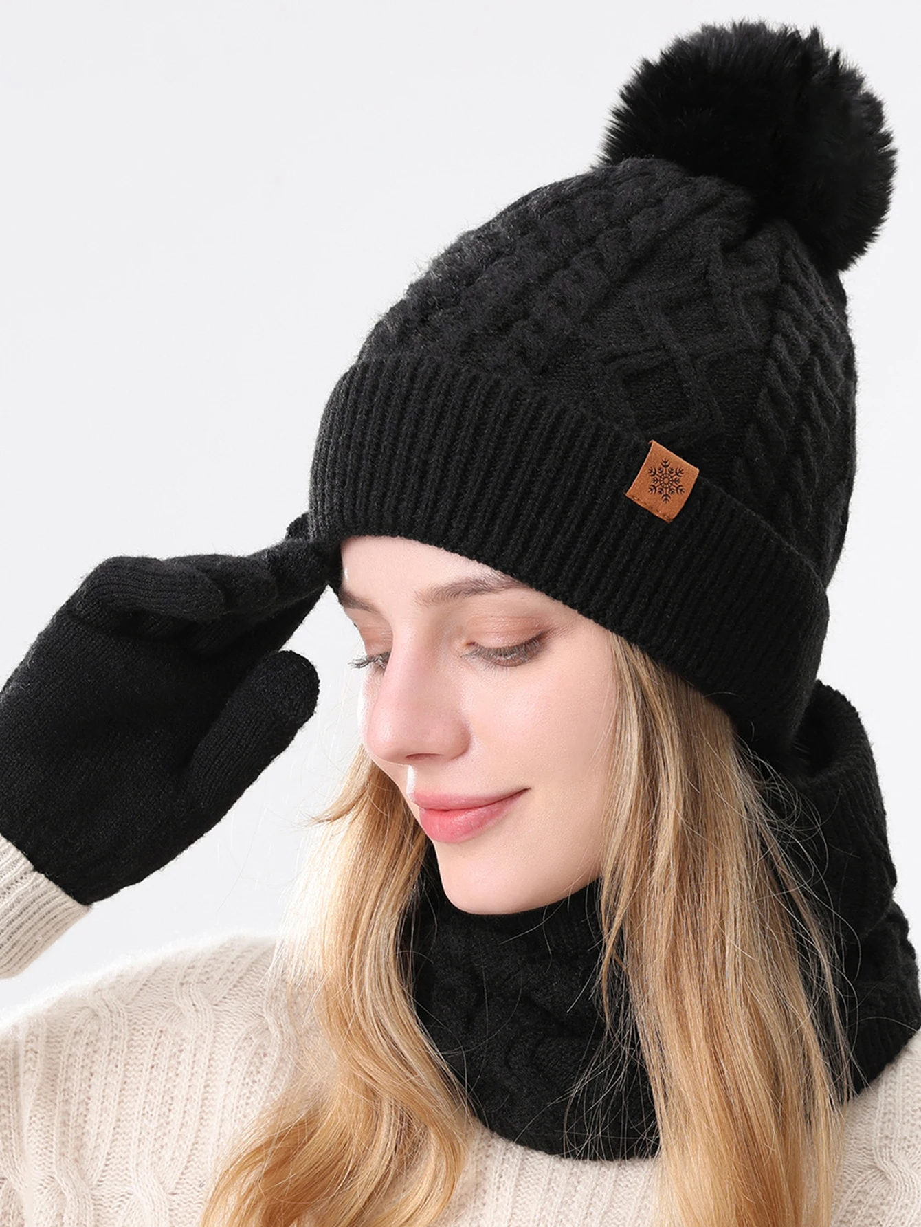 Hat, scarf, and gloves three-piece set, winter outdoor riding double-layer fleece-lined thickened knitted hat