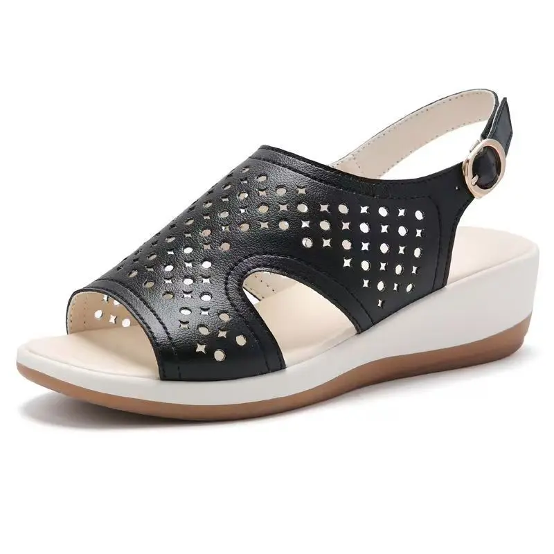 

Женские кожаные сандалии на танкетке с открытым носком, новые летние нескользящие легкие повседневные спортивные сандалии без шнуровки на толстой подошве