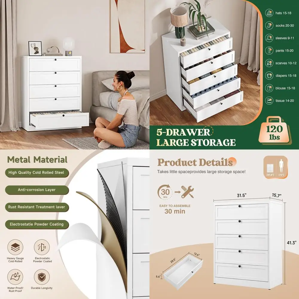 

Elegant Tall White Drawers for Bedroom, 5-Door Metal Closet Storage Cabinets, Spacious Organizer Units for Various Rooms