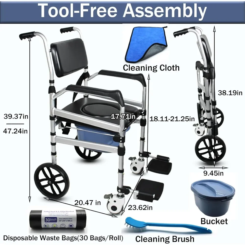 Folding Bedside Commode with Wheels  Padded Shower Chair with Bucket Rolling Shower Commode Chairs with Soft Backrest Bedside