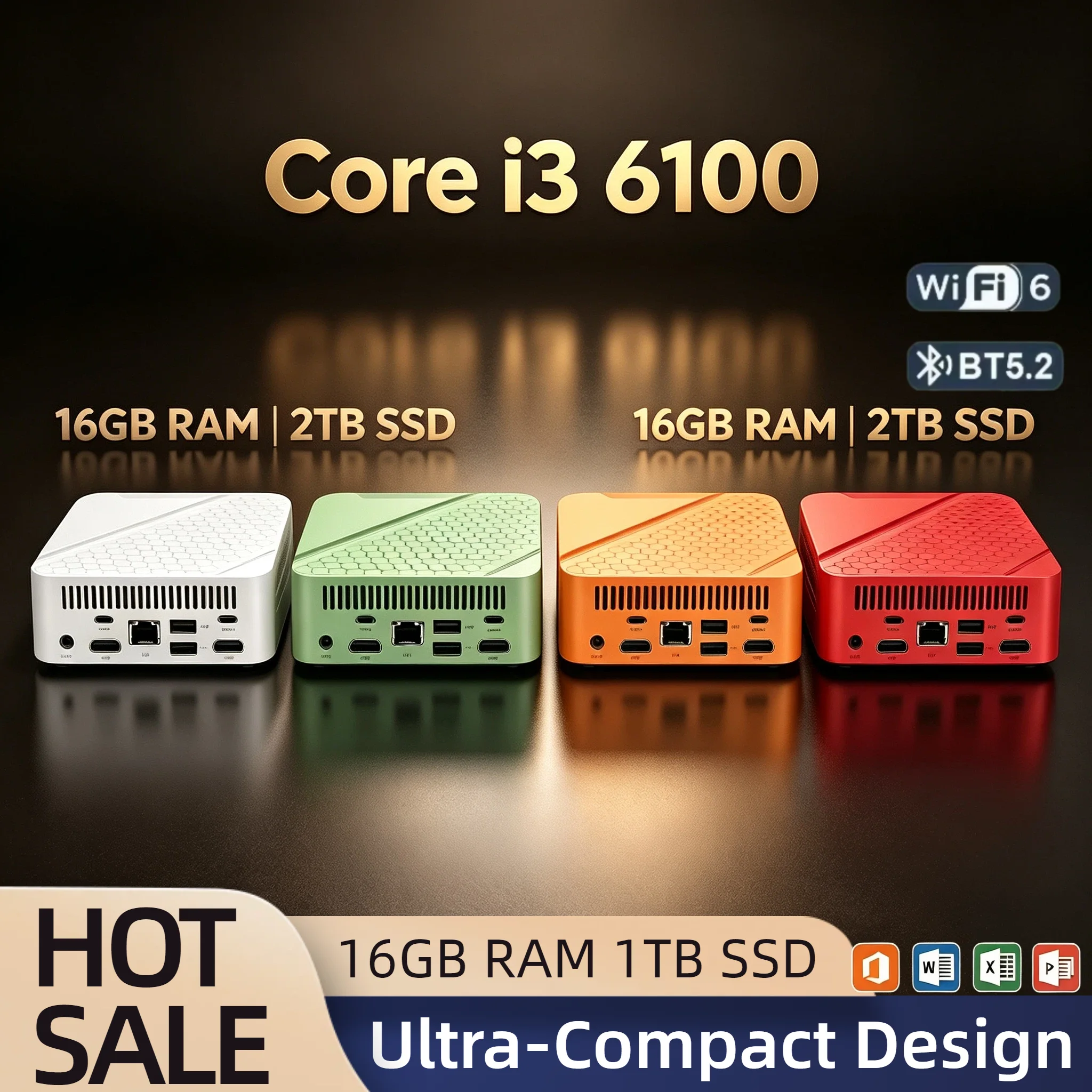 i3 6100 Intel Mini Desktop 16GB DDR4 2TB NVMe SSD Triple 4K Display WiFi6 BT5.2 High Performance Office Home Pro Student PC