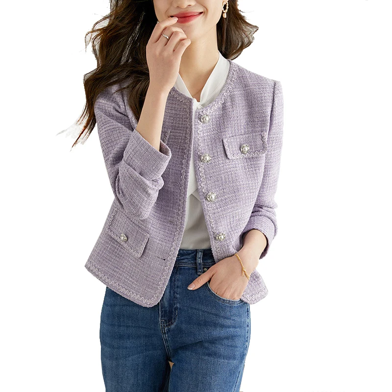 

Women's purple short tweed jacket, new spring and autumn season high-end small fragrant style temperament top