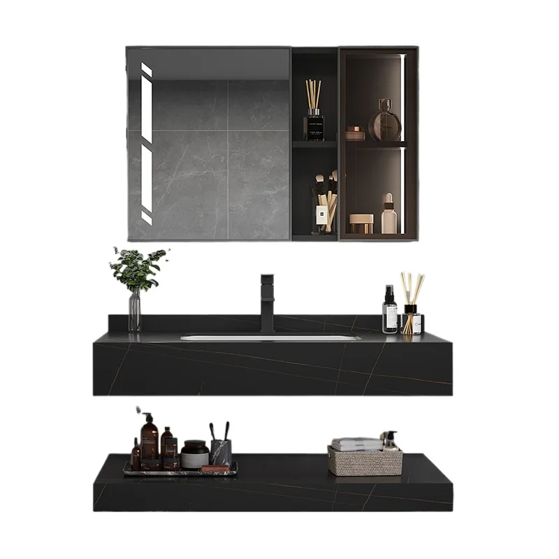 Armário de banheiro moderno de pedra de sinterização e combinação de armário de lavatório de armazenamento lateral de espelho inteligente