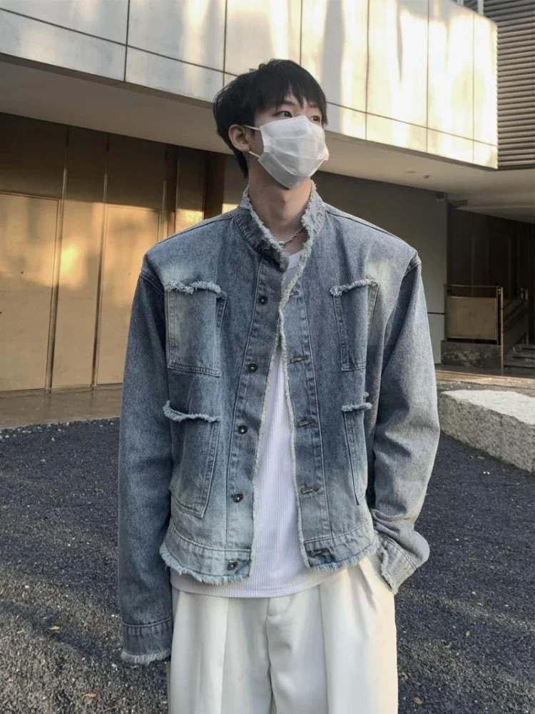 Jaket Denim Saku Kancing Pria Y2k Joker Berkualitas Tinggi Mantel Koboi untuk Pria Dicuci dan Dipakai Gaya Retro Jepang Bermerek Estetika Pakaian Luar