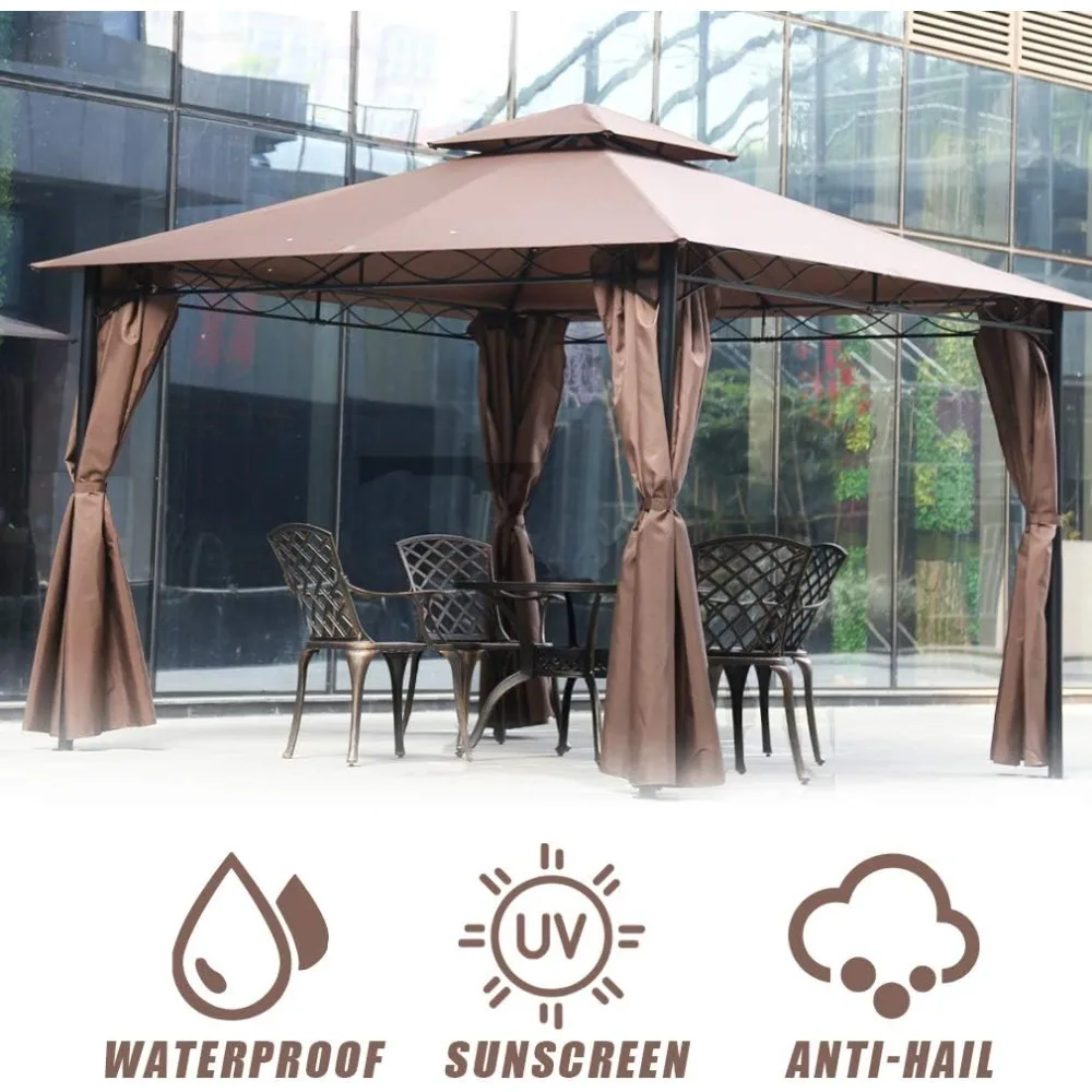 

Outdoor Patio Gazebo Heavy Duty Steel Frame Canopy with Double Roof, Privacy Curtains, for Garden, Backyard, and Lawn (Brown)
