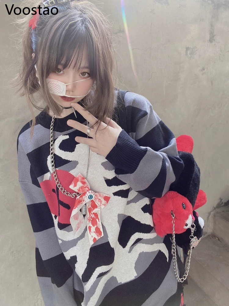 

Spring Autumn Gothic Striped Sweater Women Korean Fashion Harajuku Knitted Pullovers Skull Print Y2k Aesthetic Grunge Jumpers