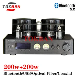 Tokban 고출력 블루투스 5.0 Vu 계량기 지지대 섬유 동축 입력 HIFI 오디오 앰프, AV889 200w * 2 6u1 6a2 진공관 앰프