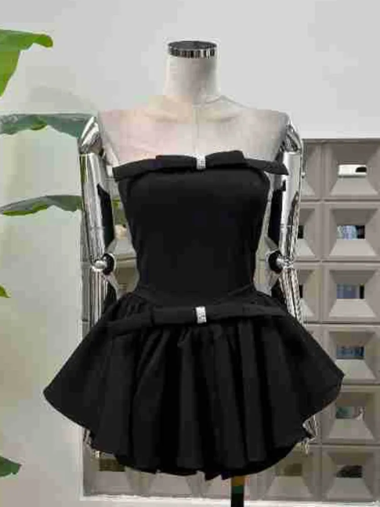 DFDG レディース 2025 春夏 キュートなリボンワンピース オフショルダー ストラップレス カットアウト 鎖骨見せ スリムフィット Aライン ミニ丈 パーティードレス