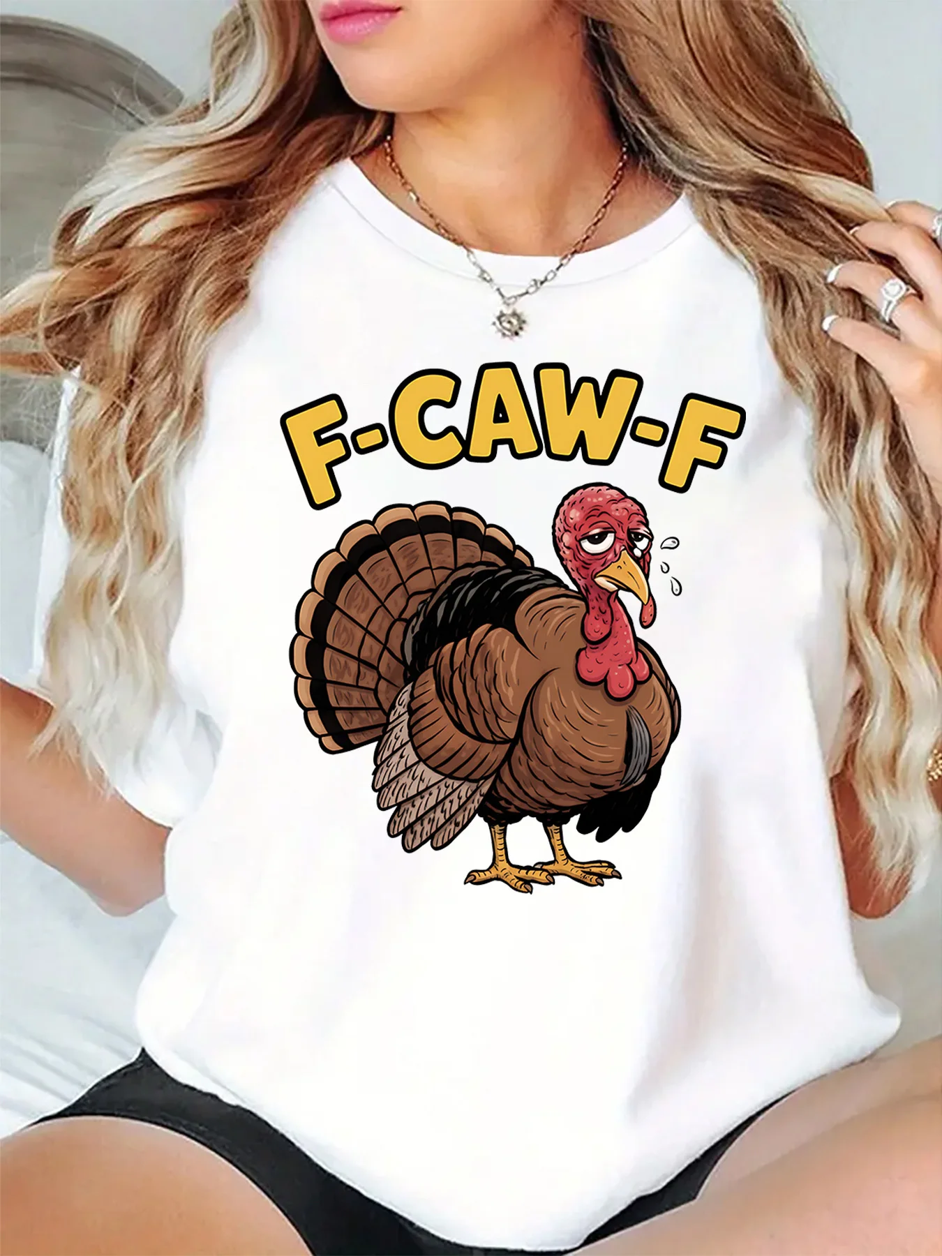 Funny Holiday Womens T Shirt F Caw F Sleepy Turkey Cartoon Thanksgiving Theme Graphic O Neck Short Sleeve Casual Ladies Tops