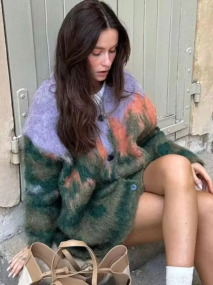 HH Autumn Women Fashion High Street Colorful Print Cardigan V Neck Single Breasted Long Sleeve Chic Casual Vacation Sweater Coat