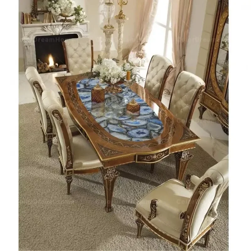 #French Antique Wooden Carved Rectangular Dining Table Set With White 6 Chairs