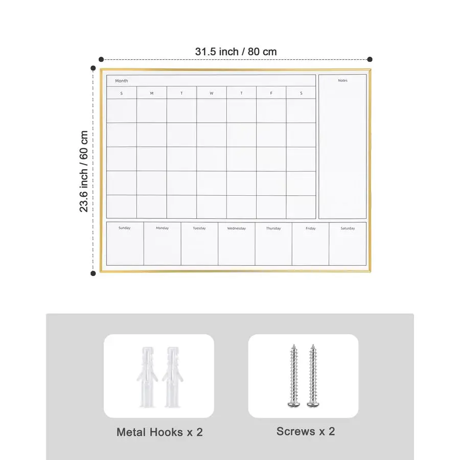Calendário de apagamento a seco para parede com moldura de alumínio dourado, quadro branco de calendário semanal com amplificador mensal magnético de 31,5X 23,6 polegadas, E seco