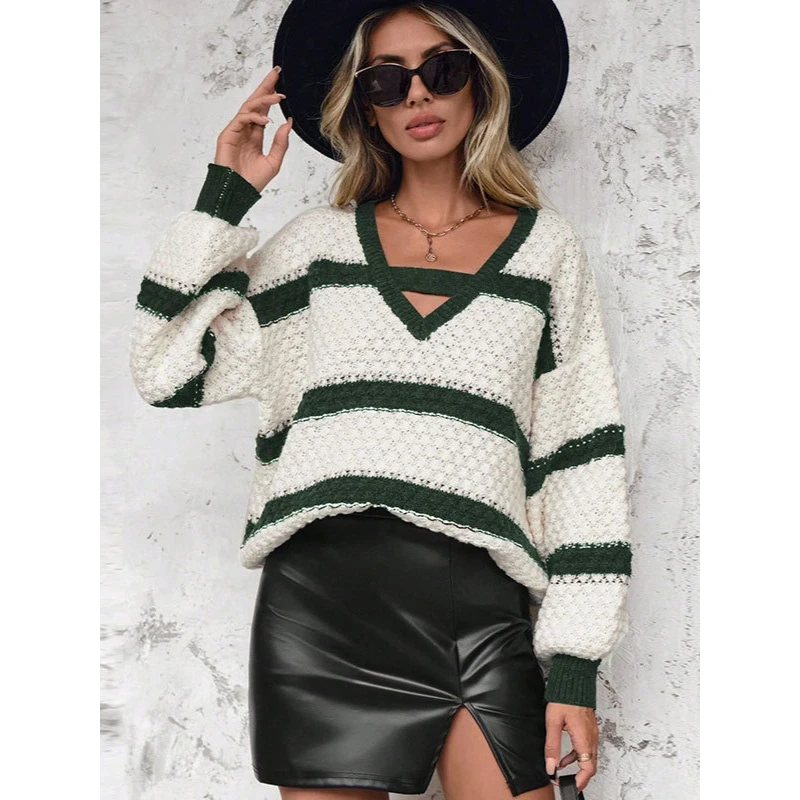 

Вязаный свитер Color Blo свободного кроя с рукавами-фонариками и V-образным вырезом, универсальный женский свитер для комфортных поездок на работу