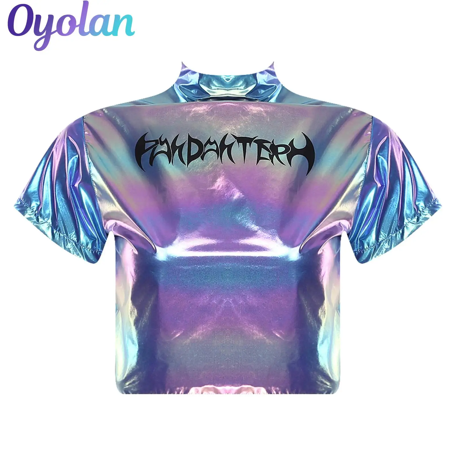 

Womens Punk Print Short Sleeve Back Zip Cropped T-shirt Metallic Shiny Crop Top Hip Hop Jazz Dance Stage Performance Costume