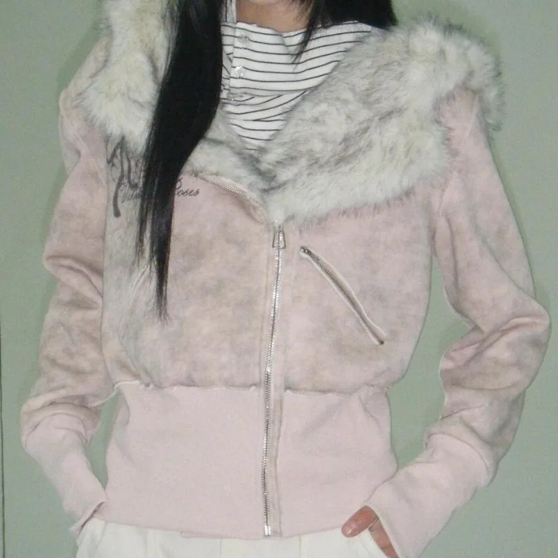 

Winter Y2k Harajuku Faux Fur Zipper Coat Women Vintage High Street Slim Hooded Hoodie Casual Fashion Long Sleeve Outwear New