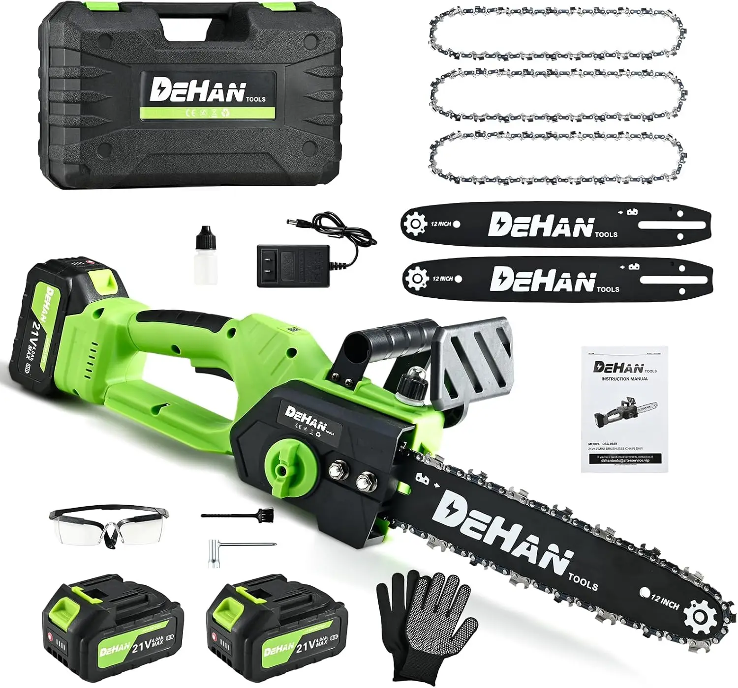 

12 Inch Cordless Brushless Chainsaw with 2 Batteries and 3 Chains, Electric Tree Trimmer for Men
