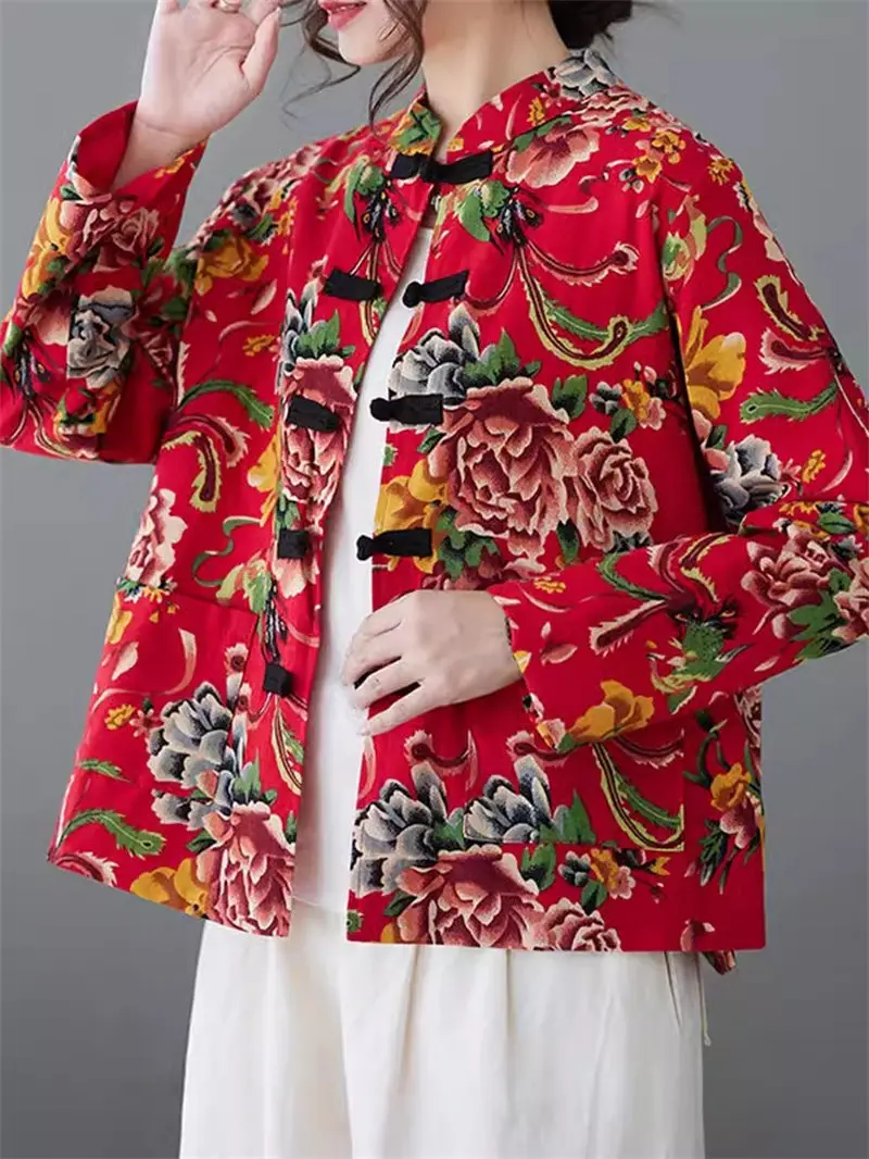 Ethnic Style Cotton And Linen Printed Shirt Short Jacket For Lady Spring Northeast Big Floral Coat Stand Collar Button Top z4772