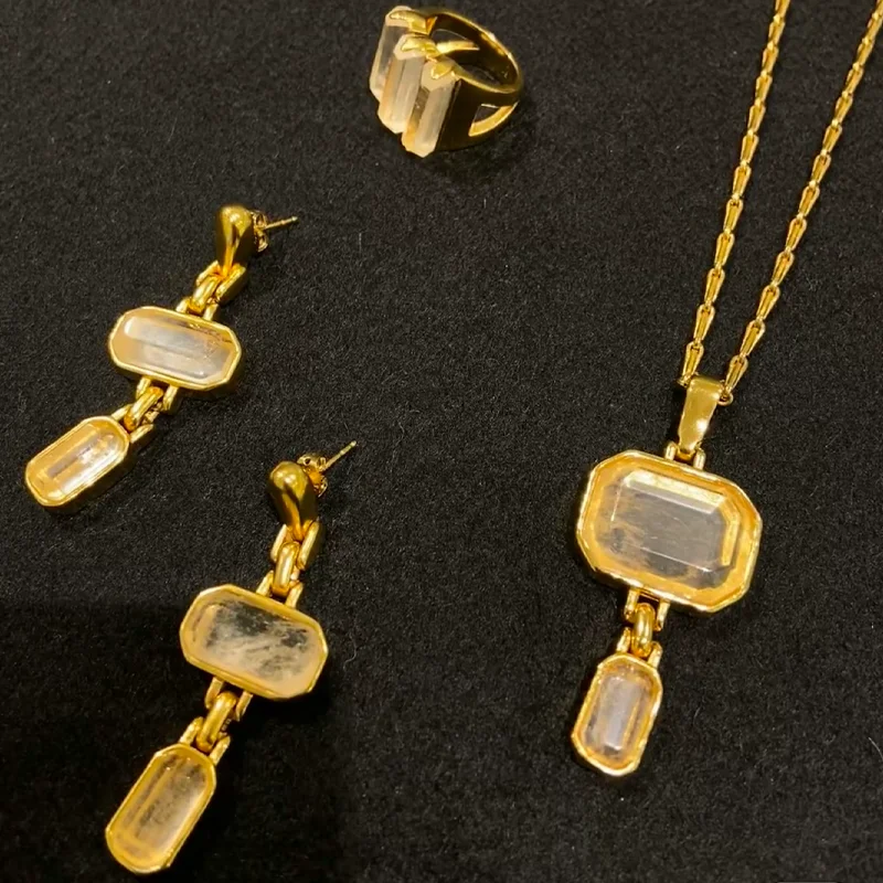 Hot Europe American Designe Square Natural Crystal Pendant Necklace Earrings Women Vintage Jewelry