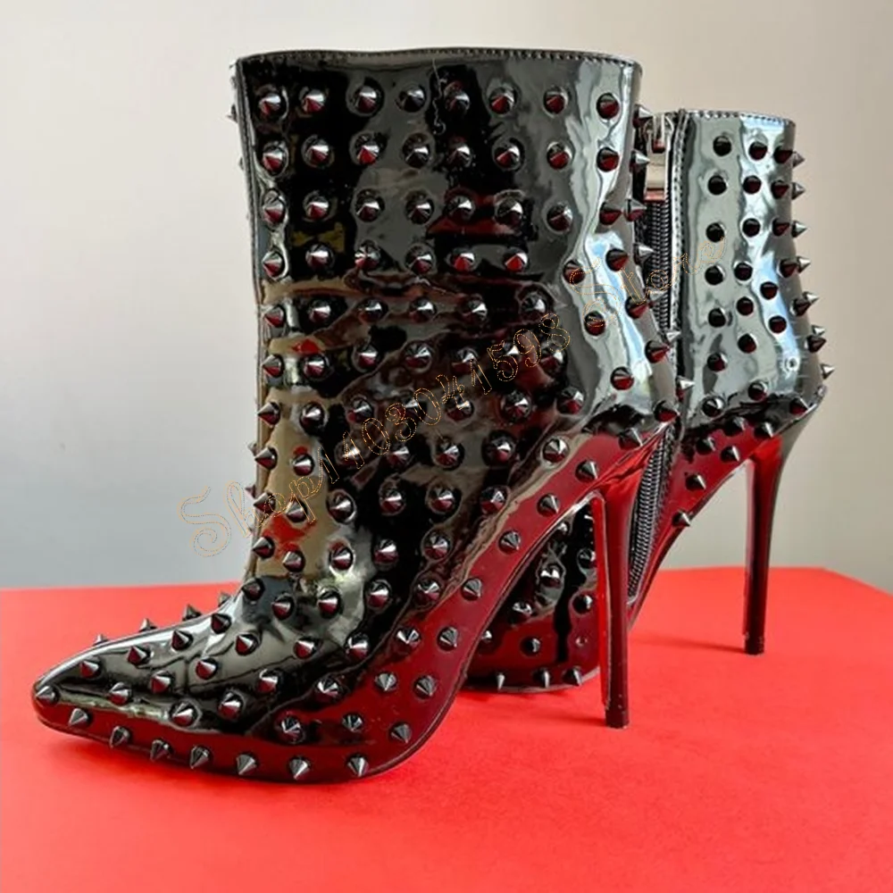 Black Rivet Decor Pointed Toe Boots Side Zipper Stilettos High Heels High Heel Shoes for Women Heels 2025 New Zapatos Para Mujer