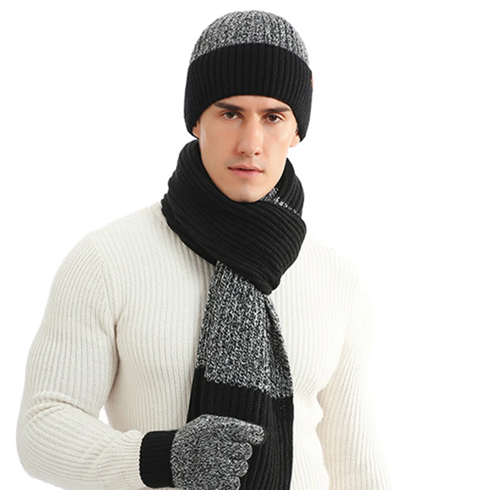

Woolen Yarn Warm Scarf Thicken Knitted Hat Fashion Gloves Women Men Winter Scarf Knitted Hat Gloves Set (Black)