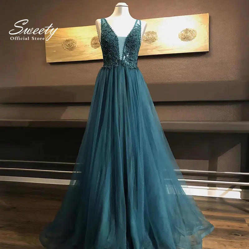 Evening Dress A-line Floor Length Organza With Embroidery Lace Backless  Ball Gown V-neck Sleeveless Bridesmaid Dresses Vintage