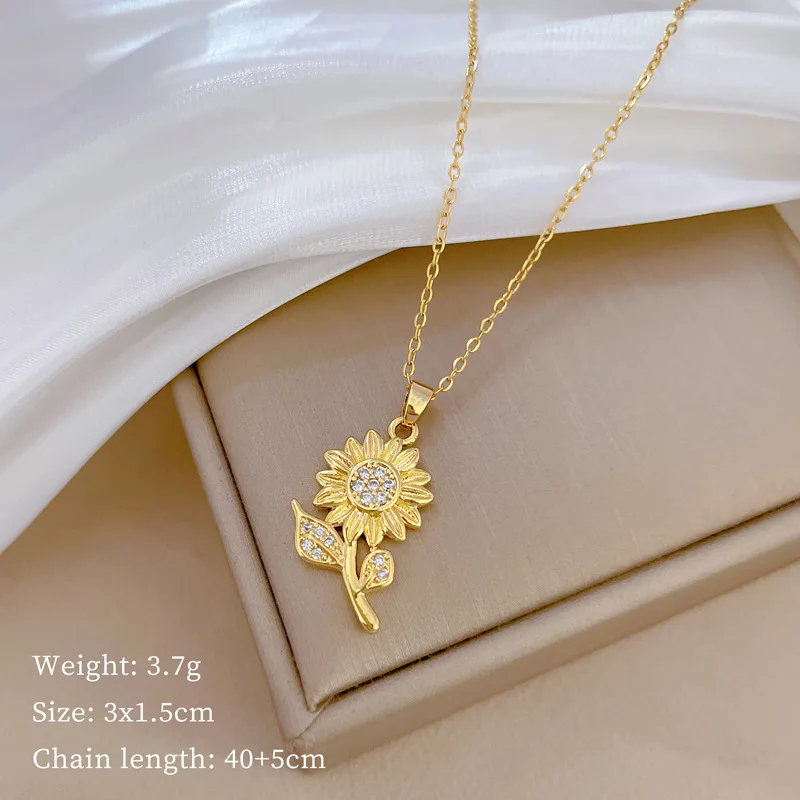 Classic Retro Micro-paved Romantic White Jewelry Sunflower Stainless Steel Necklace Fashionable Temperament Dinner Pendant