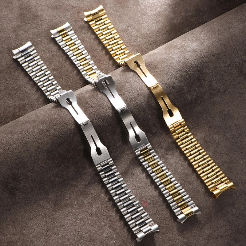 Pulseira de metal sólido de 20 mm para Rolex com extremidade curvada pulseira de aço inoxidável para fivela presidencial de ostra para homens prata ouro