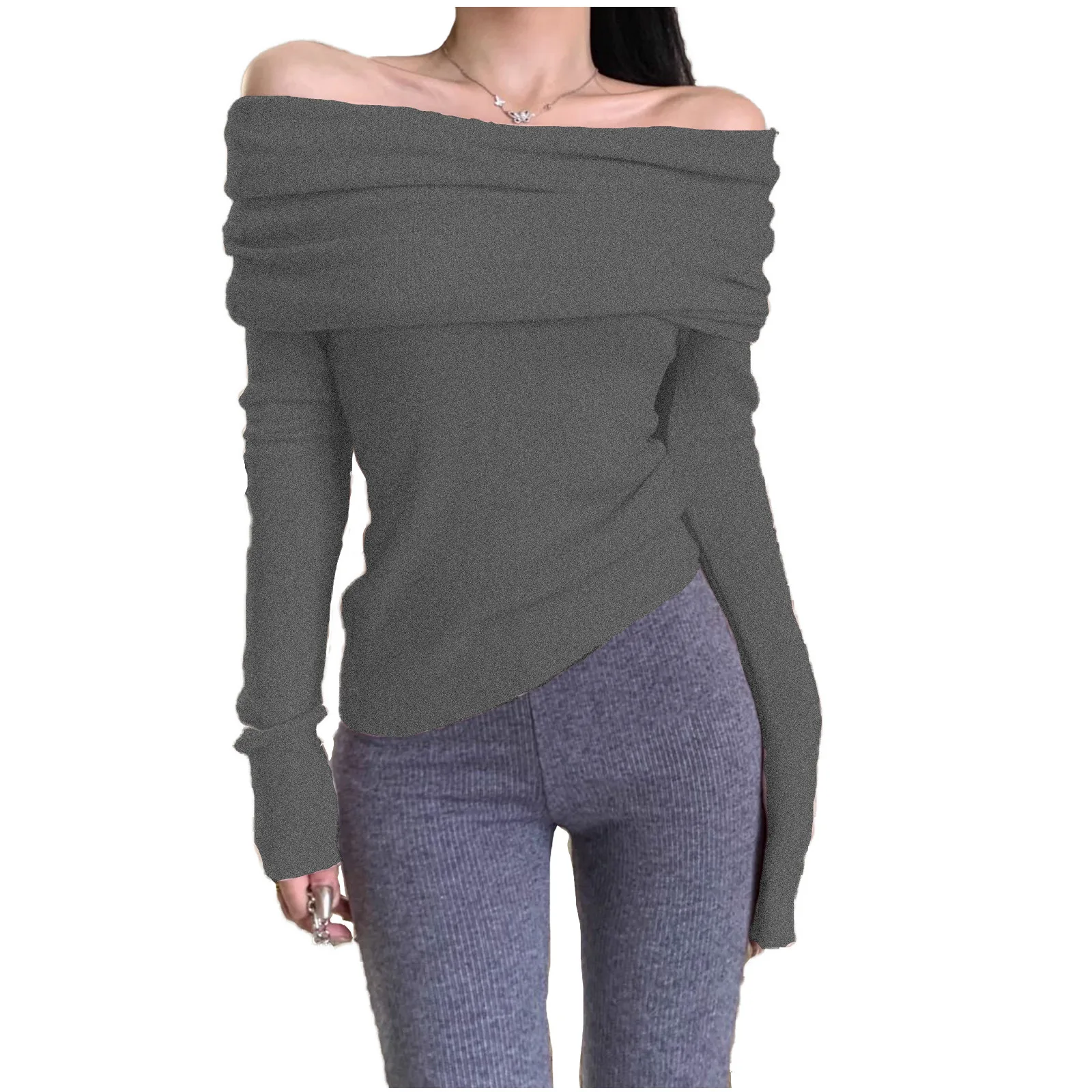 Women'S Solid-Color Fashion Off-The-Shoulder Pullover Sweater Sexy Slimming Stylish Sweater Elegant And Aesthetic Casual Top