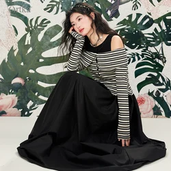 ARTKA 2024 Spring New Women Dress Set Elegant Sexy Tank Long Black Dresses Off-shoulder Stripe Knitwear 2 Piece Set ITZ92043C