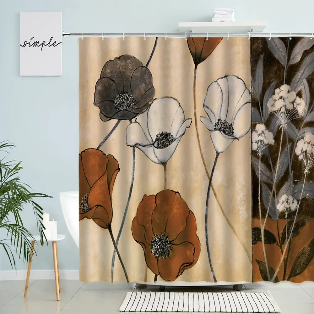 Floral Shower Curtain European Country Rustic Retro Abstract Painting Poppy Flower Plant Bathroom Waterproof Polyester Curtains