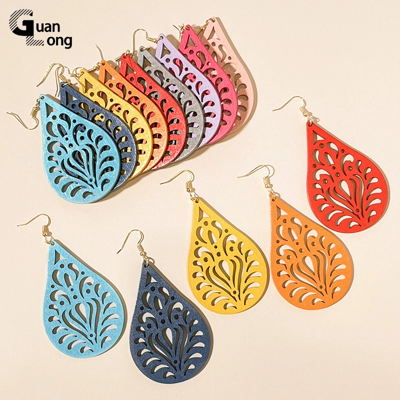 GuanLong New Bohemian Drop Woman Earrings Fashion Dangle Long Earings For Women Trending Wood Geometirc Big Earring Party Gifts