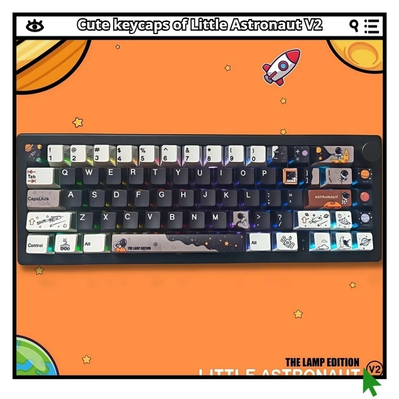 

Astronaut V2 Keycap PBT Plastic Cherry Profile Highly Opaque Five Sided Heat Sublimation 138 Key Black White Color Scheme Cute
