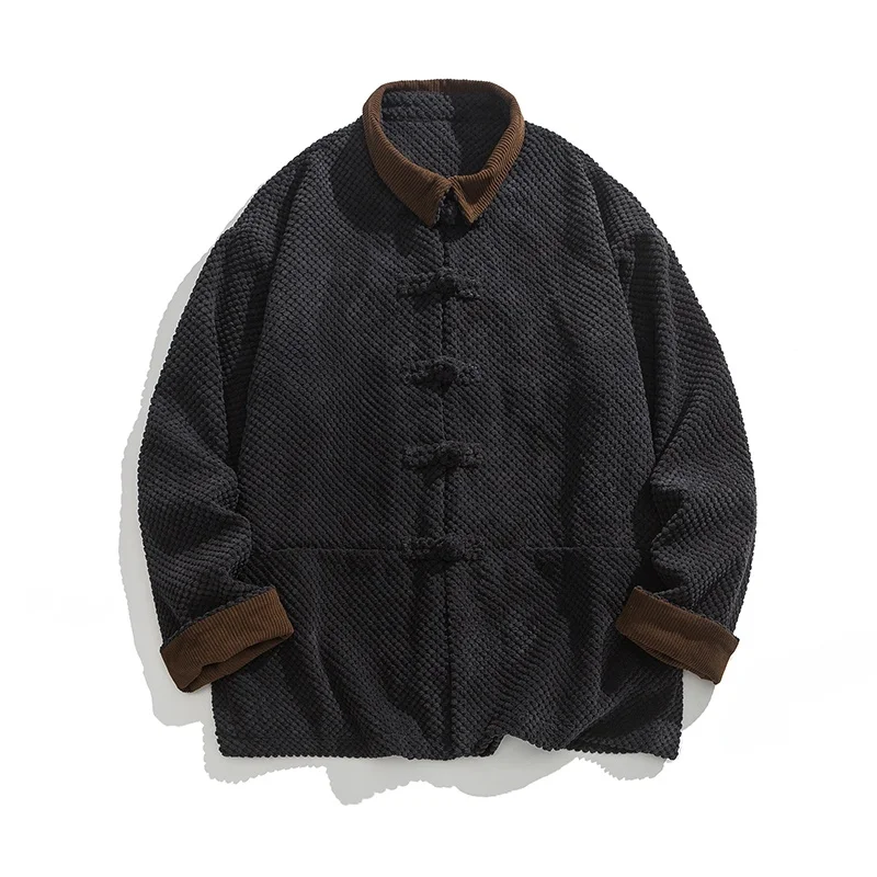 

New Chinese Sle Loose Fit Men's Jaet Retro Hanfu Streetwear Polyester Fiber Long Sve Faionable Urban Outfit for Autumn