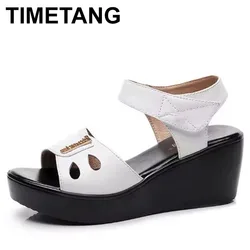 High quality summer leather wedge sandals for women 6cm high heel 2024 size 32 33 43 platform open toe elegant shoe black white