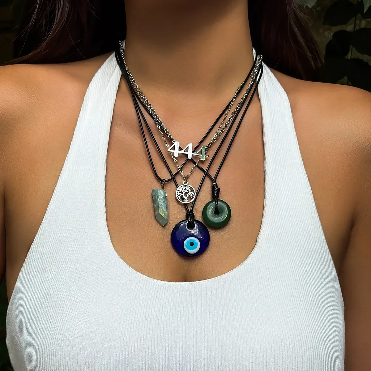 5Pcs Boho Ethnic Peace Buckle Blue Turkish Lucky Eye Pendant Choker Necklace for Women Gothic Tree of Life Leather Chain Jewelry