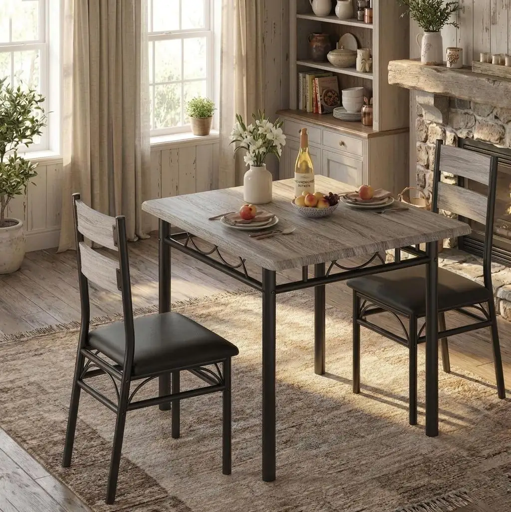 GarveeLife Compact Dining Set for 2 People - Square Table and 2 High-Back Upholstered Chairs - Sturdy Metal Structure - Ideal for Apartment, Dining Room or Breakfast Corner - Gray Color