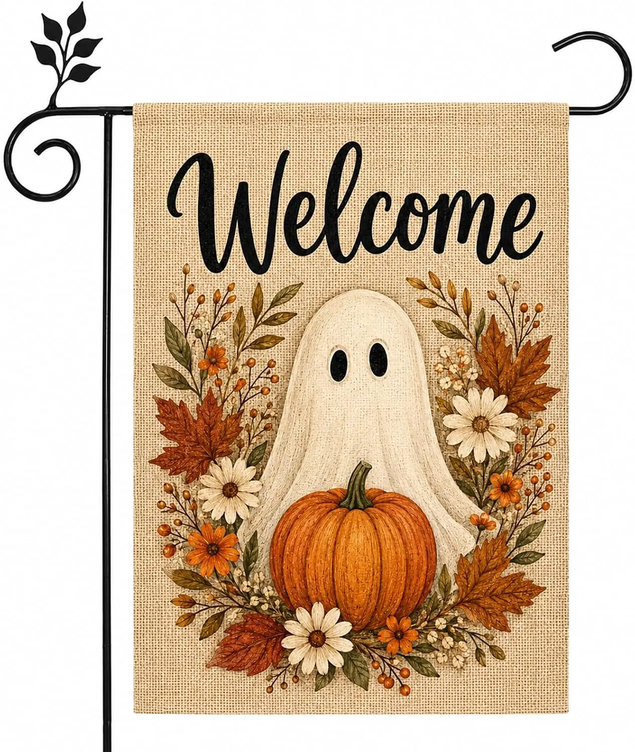 Welcome Halloween Garden Flag 12x18 Ghost Pumpkin Floral Decor | Linen 12x18 double sided flag with cute ghost, pumpkin and  uui
