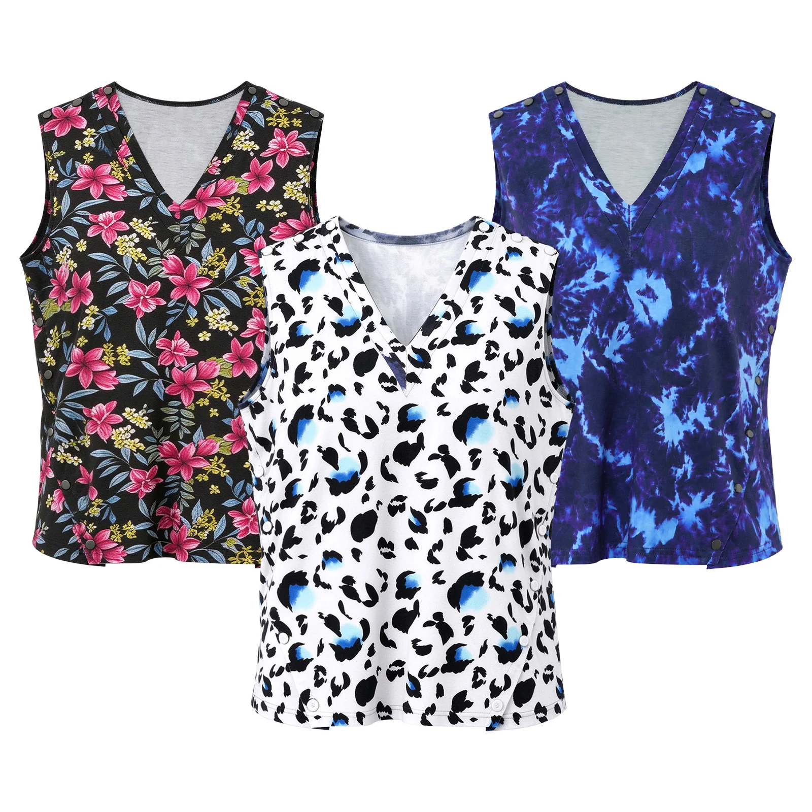 Women Post-surgery Adaptive Shirt V-neck Sleeveless Press Buttons Shoulders Sides Printed Top for Postoperative Recovery view 3