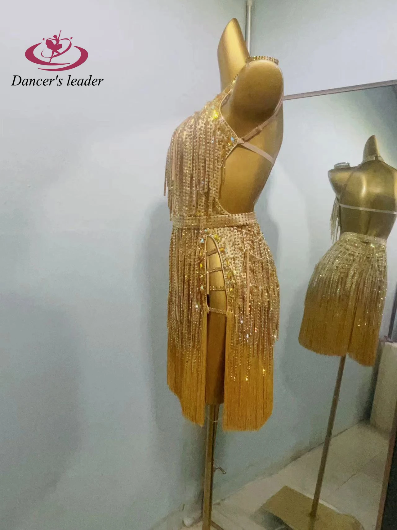 Latin Dance Costume Rhinestone Women's High-end Custom Hanging Neck Gold Diamond Stripe Tassel Samba Performance Dress