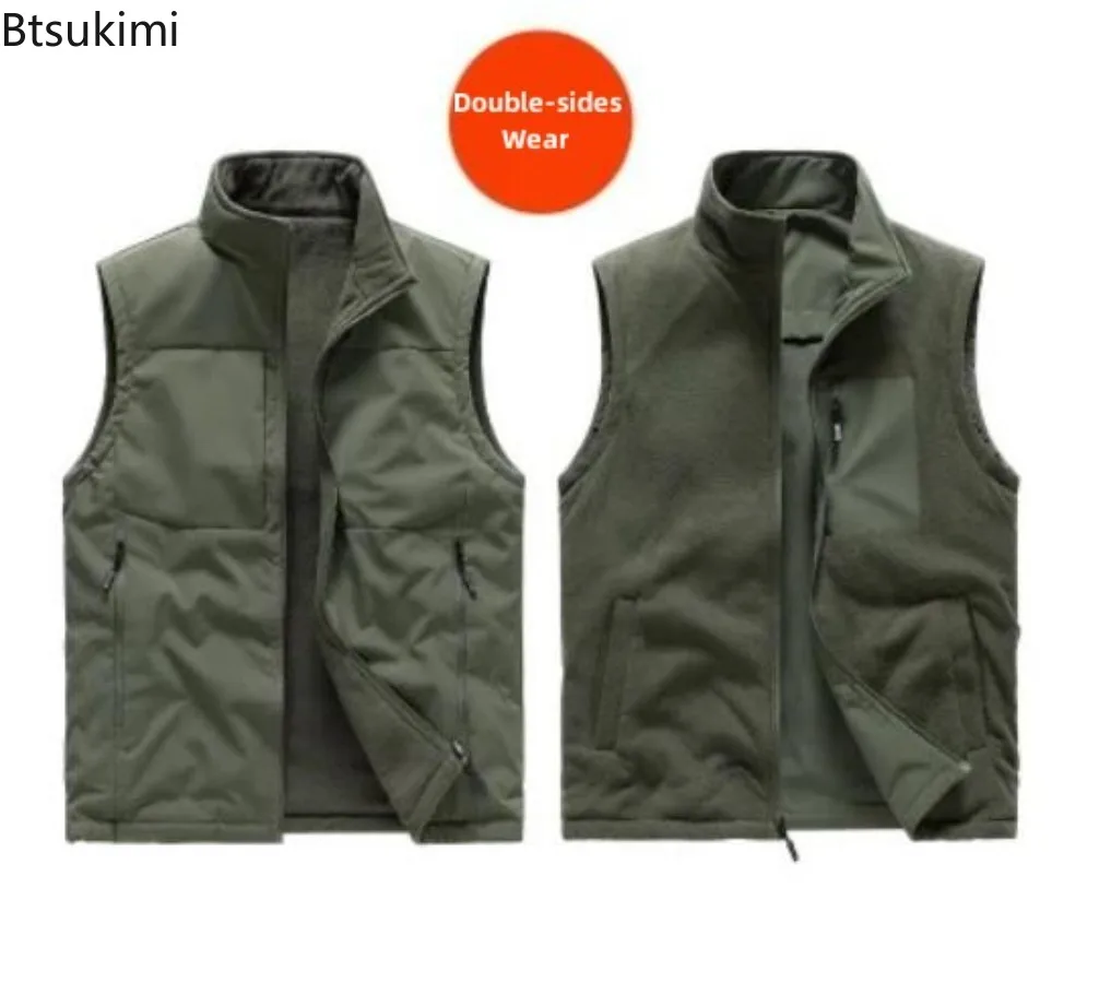 

2025 Outdoor Cargo Vests Men's Autumn Winter Polar Fleece Warm Waistcoats Double-sides Wear Design High Quality Men Casual Vests