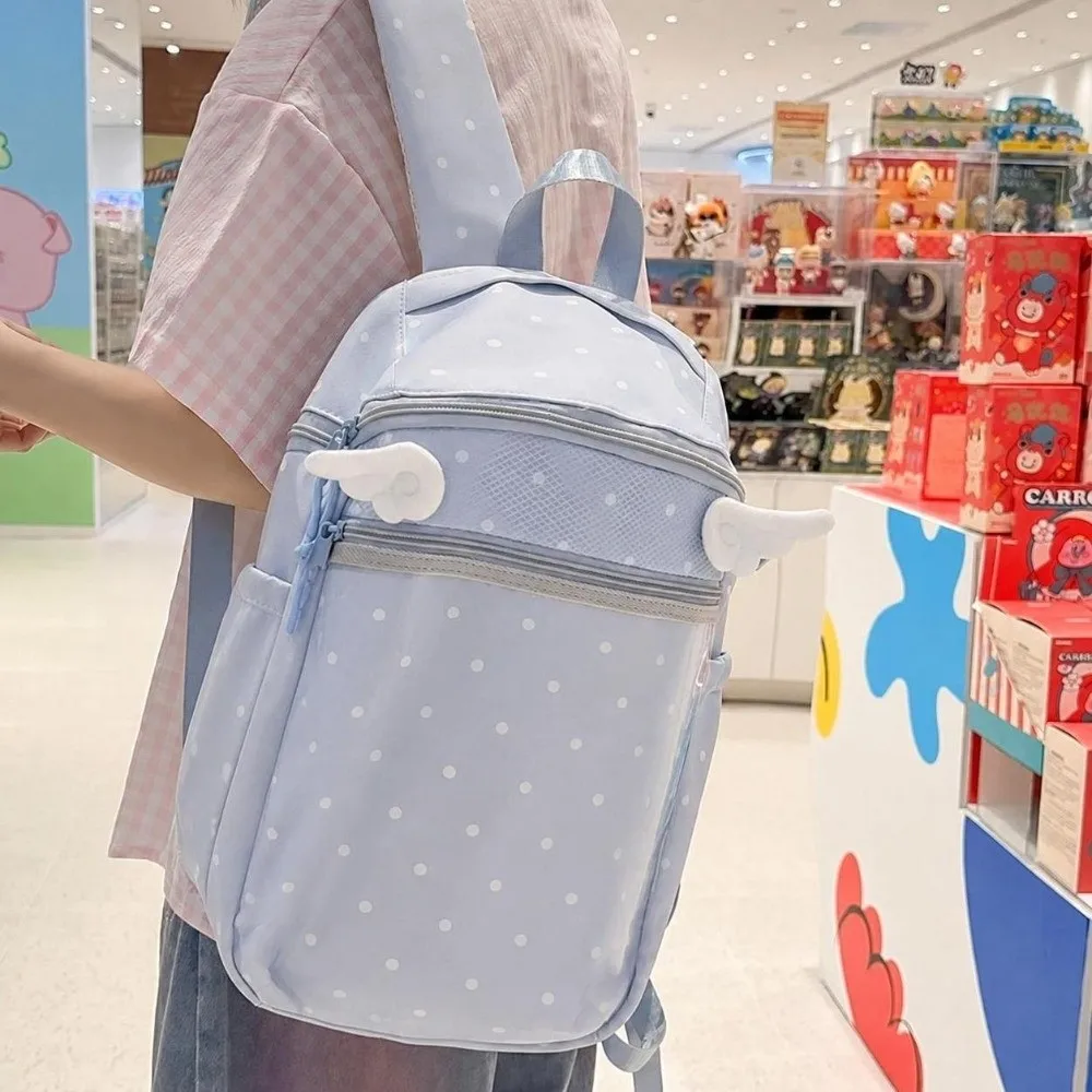 Kawaii Nylon Polka Dot Backpack Japanese Style High Capacity Students Backpack Angel Wings Design School Backpack for Girls