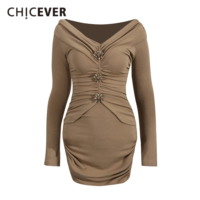 

CHICEVER Brown Spliced Buttons Dress Female V Neck Long Sleeve Slimming Gentle Intellectual Women's Dresses Autumn Fashion New
