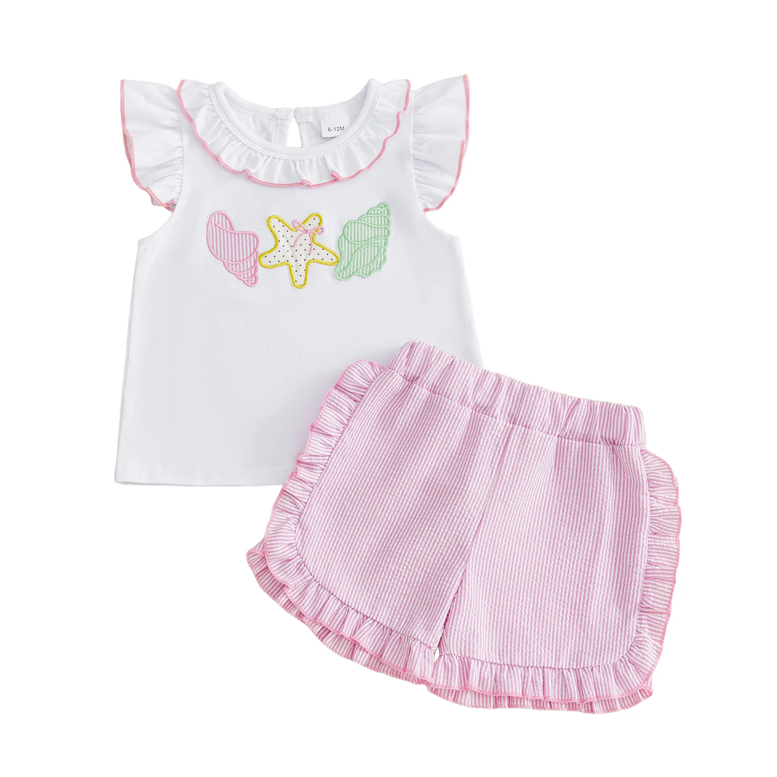 Toddler Girls Summer Outfit Sea Star Conch Applique Flutter Sleeve Crewneck T-Shirt Matching Ruffled Shorts Set