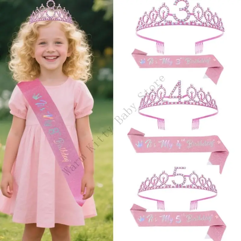 

Princess Girls Birthday Party Photography Props Sash and Tiara Set Rhinestones Crown with Sash For 3-10 Years Children Birthday