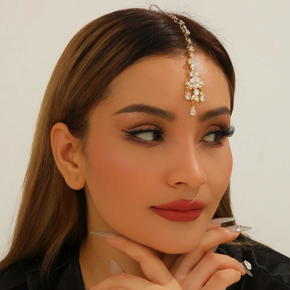 موضة جديدة رائع قطرة الماء كريستال الزركون الجبين مجوهرات الهندي الزفاف رئيس سلسلة للنساء اكسسوارات الزفاف