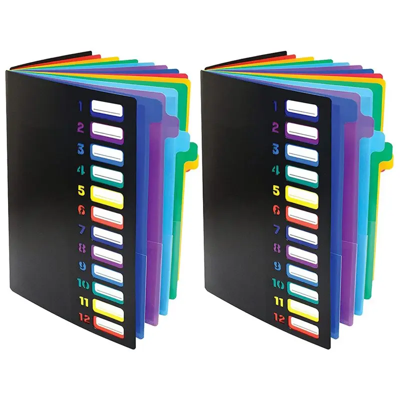 BAAG-24 Clear Pocket Expanding File Folder 12 Colored Tabs,Holds 300 Sheets, File Organizer,Numbered Index On Cover 2PC