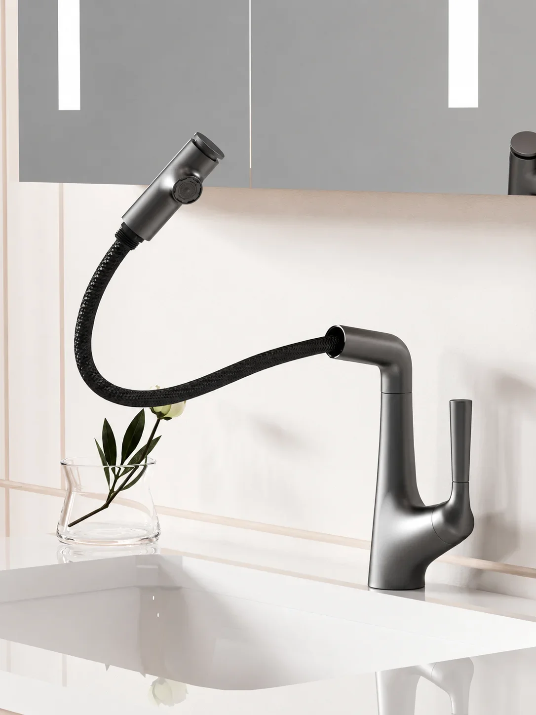 Gunmetal Gray Pull Out Kitchen Faucet, Mechanical Flip Spray Nozzle, Hot Cold Basin Sink Mixer Tap, 360 Swivel