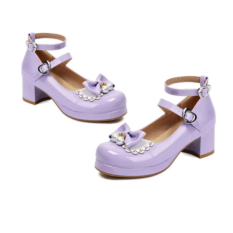 Sweet Lolita Cosplay Mary Jane Shoes Ladies Patent Leather Mid Heel Pearl Bow One Strap Plus Size Princess Party Dress Pumps