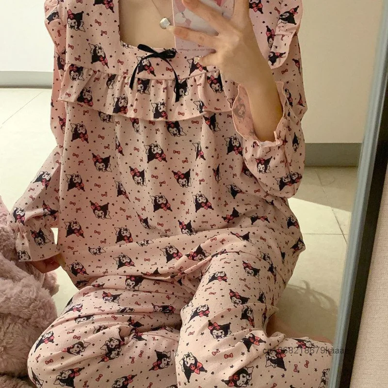 Sanrio Kuromi Sweet Lovely Style Lace Bow Pajamas Simple Design New Fashion Home Wear Spring Autumn Cute Cartoon Print Nightgown